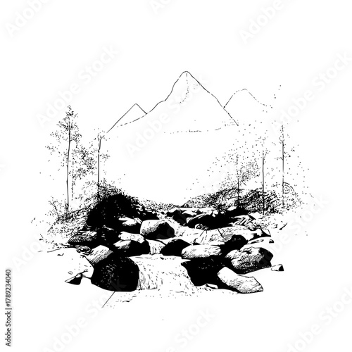 Mountain river landscape drawing black and white nature scene with rocks and trees vector illustration