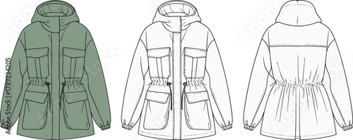 Green hooded utility jacket front back view, fashion sketch, technical drawing, apparel design, zipper pockets, drawstring waist, garment illustration