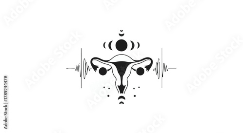 Abstract illustration of a uterus with moon phases and heartbeat rhythm, symbolizing feminine health and cycles.