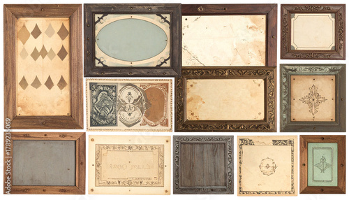 Collage of Vintage Wooden Picture Frames and Aged Paper Inserts Isolated