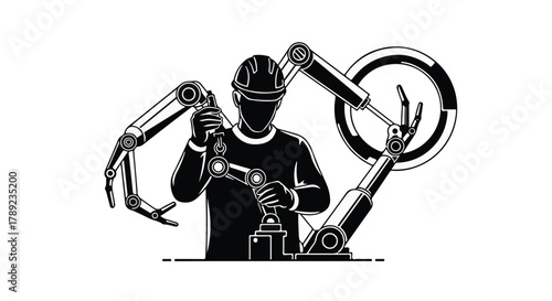 Engineer working with robotic arms, symbolizing future manufacturing and automation.