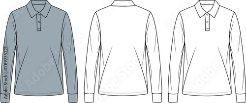 Long sleeve polo shirt, fashion design mockup, garment template, front back view, technical sketch, apparel illustration, clothing blueprint, collar detail