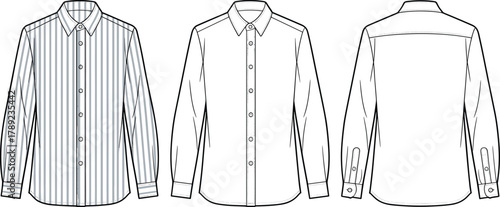 Long sleeve button-up shirt front back view, fashion sketch, technical drawing, striped design, garment illustration, clothing template, formal wear