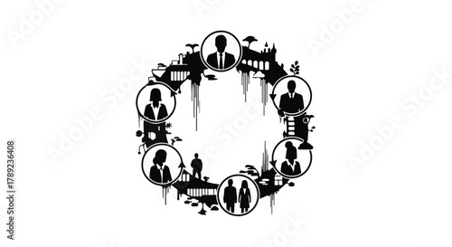 Diverse group of professionals connected in a circular community forming a global network.