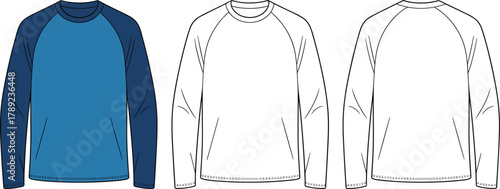 Raglan sleeve shirt front back view, fashion sketch, technical drawing, blue apparel design, garment illustration, clothing template, casual wear