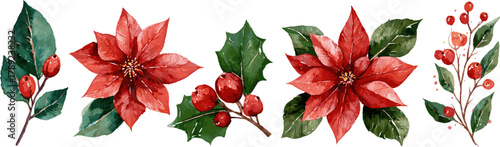 Christmas vector illustration set, holly leaves and berries with poinsettia flowers isolated on a white background, a collection for digital art-style holiday designs or decorations.
