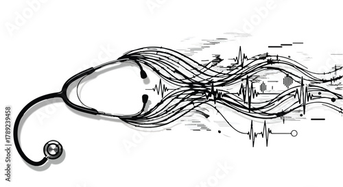 Abstract representation of a stethoscope intertwined with electrocardiogram waves, symbolizing health and science.