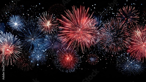 Beautiful photo of happy New Year 2026 USA - Red blue white firework banner, sylvester new year's eve, new year fireworks isolated on black night sky texture.