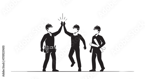 Three construction workers in silhouette celebrate a successful project with a high five, symbolizing teamwork and achievement.