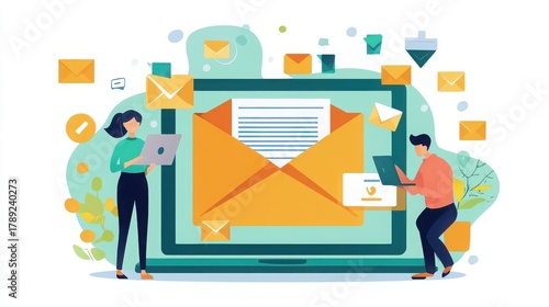 People sending and receiving emails with laptop isolated on white background