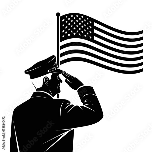 Solemn silhouette of a patriotic individual saluting the national flag, symbolizing honor, remembrance, and dedication to country in a timeless tribute