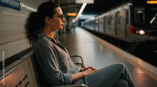 A  quiet travel moment showing a Caucasian woman with black hair sitting on a train or bus while dearly waiting for someone special ,  Generative AI.