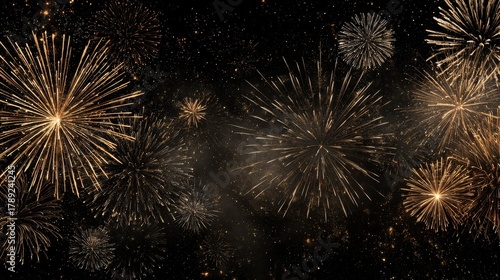 Beautiful photo of silvester, happy new year, new year's eve 2026 background banner - Golden firework fireworks pyrotechnics on dark black night sky.