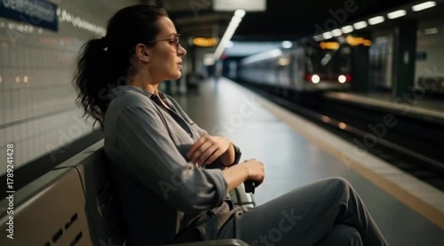A  quiet travel moment showing a Caucasian woman with black hair sitting on a train or bus while dearly waiting for someone special ,  Generative AI.