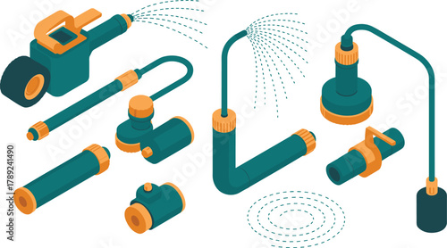 isometric garden hose nozzle set, watering tools illustration, irrigation sprayer equipment, gardening accessories collection, 3d water pipe connector design