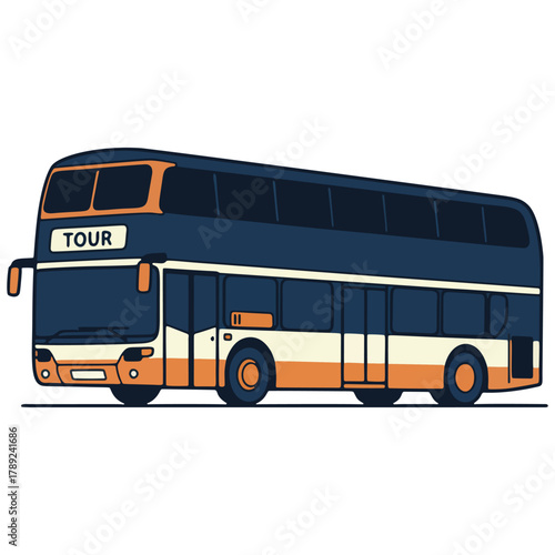 Modern double-decker tour bus illustration in dark blue and orange colors.