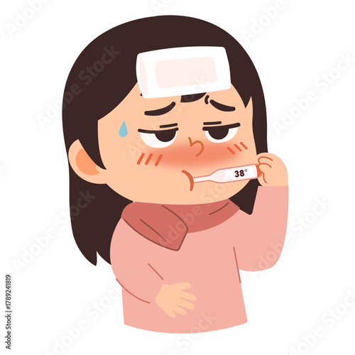 Illustration of Sick Girl with Fever