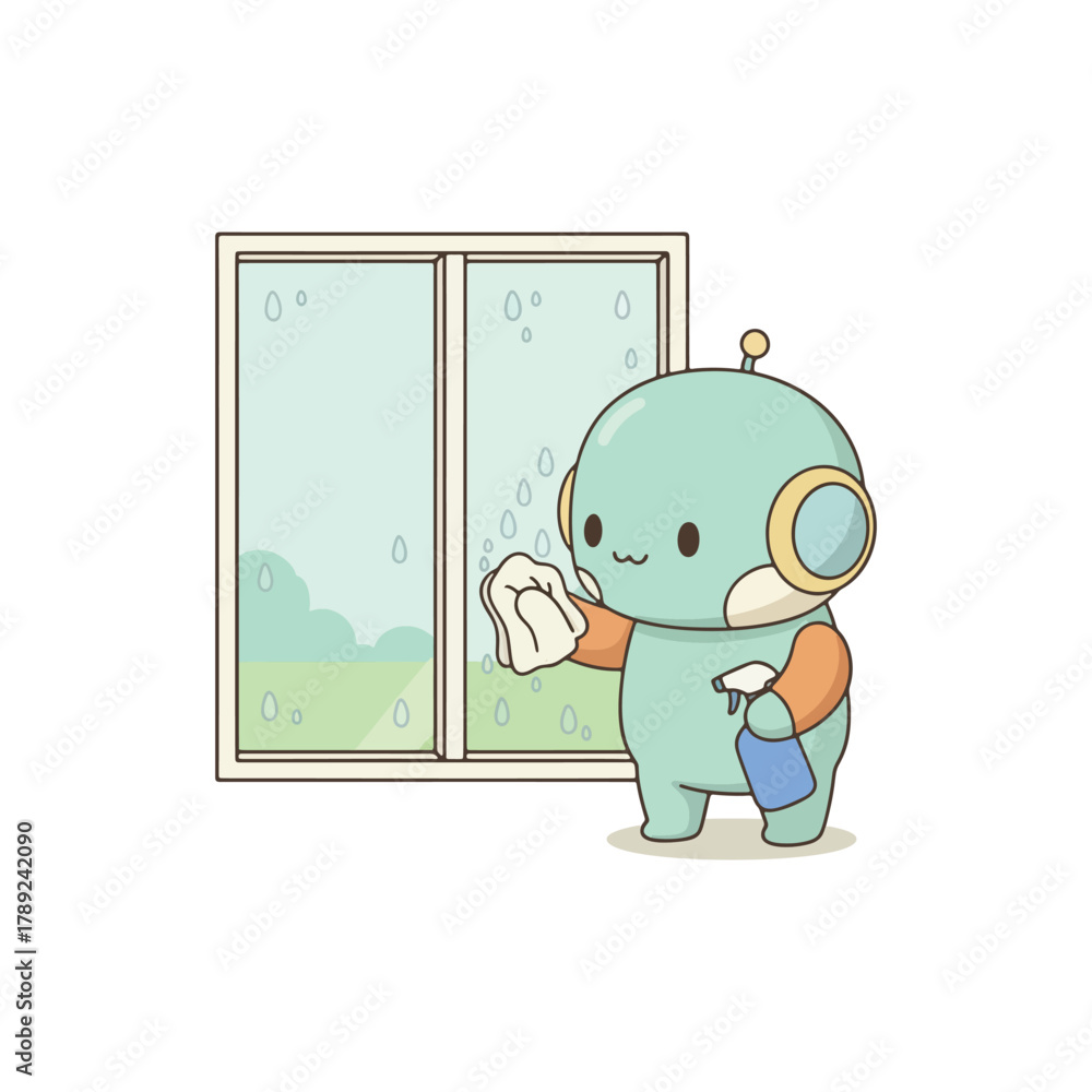 Fototapeta premium Cute cartoon robot cleaning window with spray bottle and cloth.