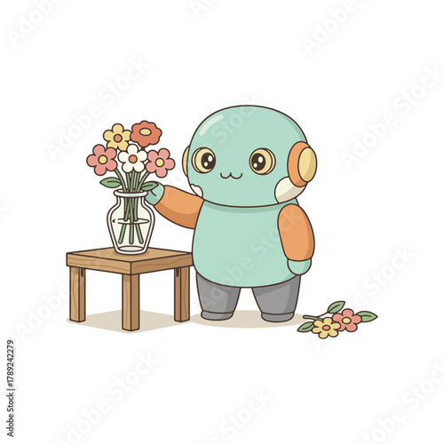 Cute Robot Arranging Flowers in a Vase on a Wooden Table.
