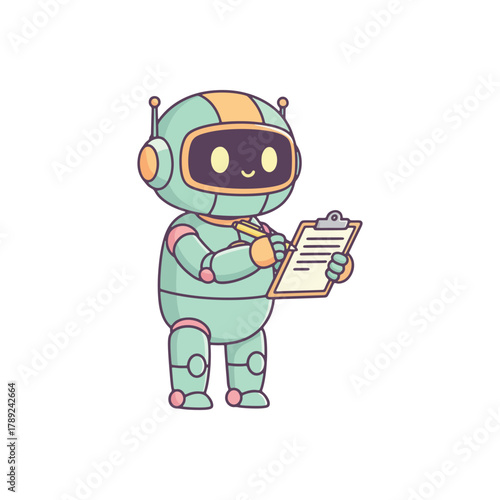 Cute cartoon robot with clipboard and pen ready to record information.