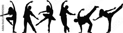 Silhouettes of dancers in dynamic poses, expressive movement, performing arts concept, black and white design, flat vector illustration