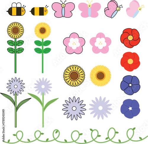 Spring flowers and butterflies vector illustration with bees and nature elements