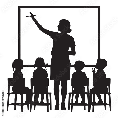  Teacher instructing children in a classroom with a whiteboard silhouette