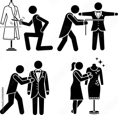 Tailor, Dressmaker, and Fashion Design Process Black Icons Set