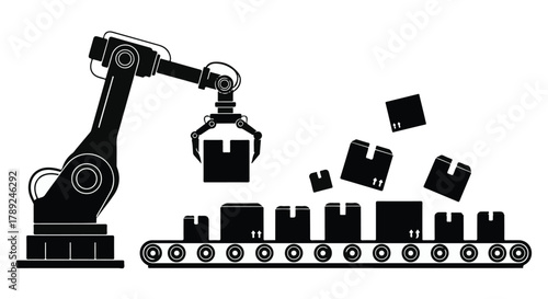 Automated robotic arm placing boxes on a conveyor belt in a factory