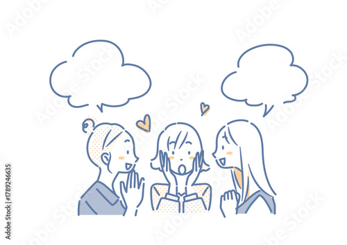 おしゃべりに夢中な若い女性たち　シンプルでお洒落な線画イラスト