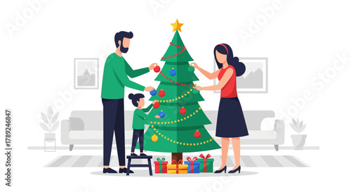 Joyful Family Decorating Christmas Tree Together for Holiday Celebration