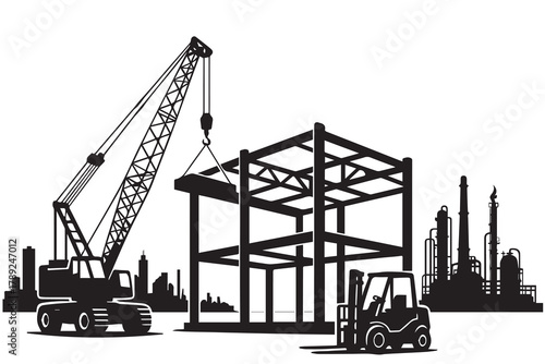 Black and white vector illustration showing a steel construction framework with heavy machinery, symbolizing industrial strength, architecture, and the foundation of modern building design.