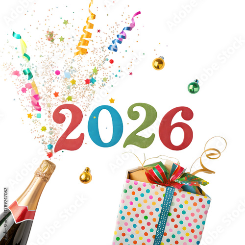 2026 Celebration: Champagne Burst, Colorful Confetti & Festive Present on transparent background
