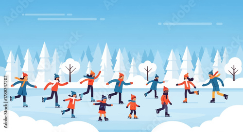 Winter Ice Skating Fun in a Snowy Forest Scene