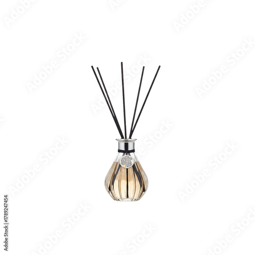 elegant diffuser bottle with black reeds, minimalist white setting, on white background