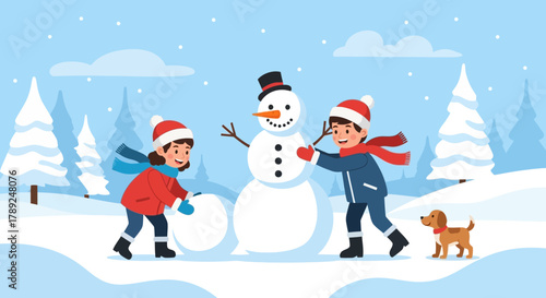 Children building a snowman in a snowy landscape