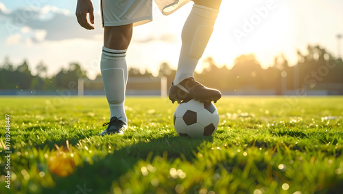 Soccer Player Ready to Play: A focused soccer player, poised on a sunlit field, has a ball underfoot, symbolizing preparation for the game's beginning.