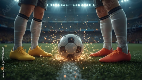 Football Duel: Two footballers stand ready before the game starts, with a football that sparkles, symbolizing an exciting football match.