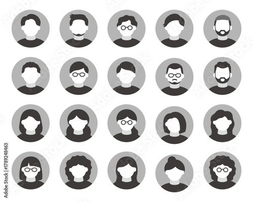 フラットデザインの人物アイコンセット（モノクロ・男女混合）