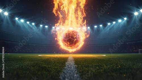 A dramatic image of a soccer ball engulfed in flames, hovering above a lush green pitch under stadium lights, symbolizing passion and intensity.