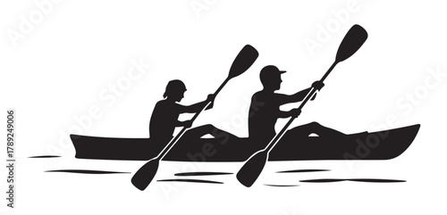  Two people kayaking together in a tandem kayak on the water silhouette