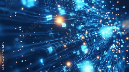 Wallpaper Mural Abstract digital network of glowing blue lines and orange particles Torontodigital.ca