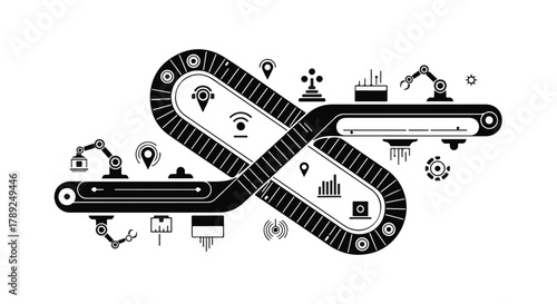 Futuristic automated manufacturing line with robotic arms and digital icons.
