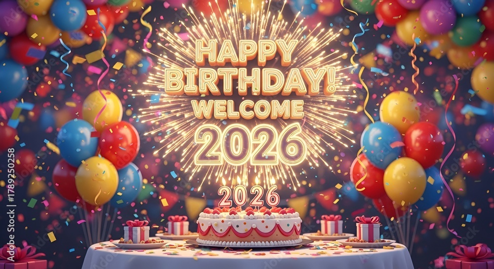 Fototapeta premium Let's Celebrate a Happy Birthday and Welcome the New Year 2026 with Colorful Balloons, Gifts, Cake, and Festive Fireworks, A Magical Celebration