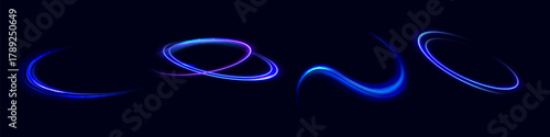 Blue glowing shiny lines effect vector background. Luminous white lines of speed. Light glowing effect. Light trail wave, fire path trace line and incandescence curve twirl.