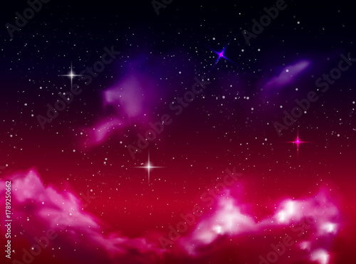 Night blue starry sky, purple galaxy background. Realistic starry sky with gradient. Milky way with shining stars. Night sky with light effect.