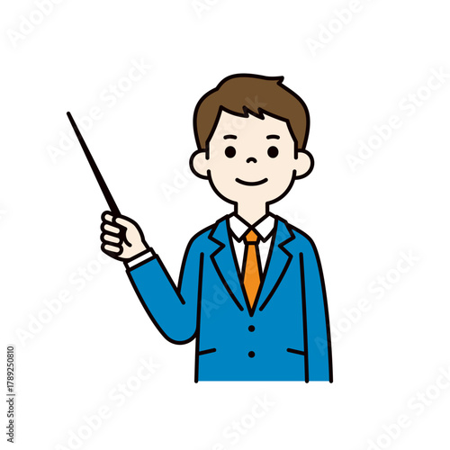指示棒を持って笑顔で説明する若いビジネスマンの上半身ベクターイラスト素材＿カラー
