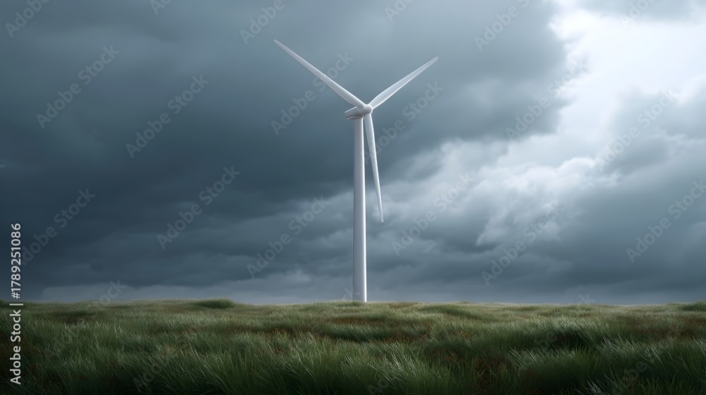 Obraz premium A solitary wind turbine stands tall in a grassy field beneath a dramatic dark and stormy sky