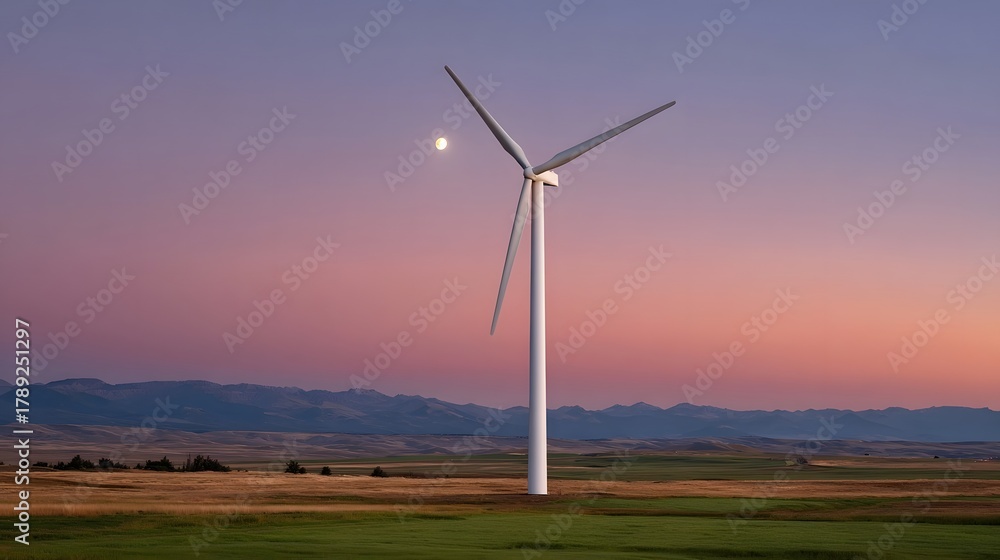 Fototapeta premium A solitary wind turbine stands in a vast field under a vibrant purple and pink twilight sky with the moon visible
