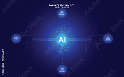 Futuristic Process flow diagram AI- deep blue version. Flat infographic design with thin lines for website or data presentation. Tech concept. Selection, choice button. Glowing. 4 Options